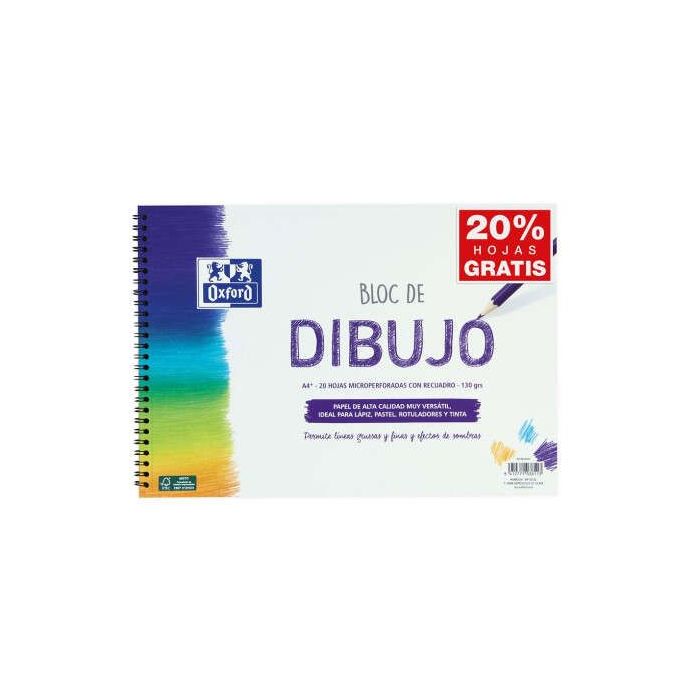 Oxford Bloc de Dibujo Escolar Espiral Formato A4+ con Reacuadro - 20 Hojas Microperforadas 130gr Color natural - Papel de Superf
