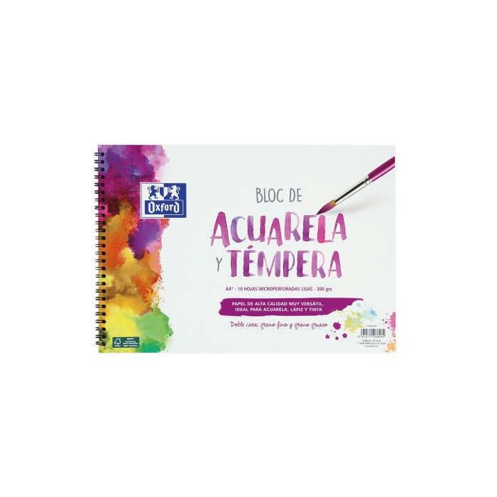Oxford Bloc de Acuarela y Tempera Escolar Espiral Formato A4+ Liso - 10 Hojas Microperforadas 300gr Color natural - Papel de Dob