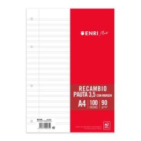 Enri Plus Recambio Formato A4 - Pautado 3.5mm 4 Taladros - 100 Hojas 90gr con Margen