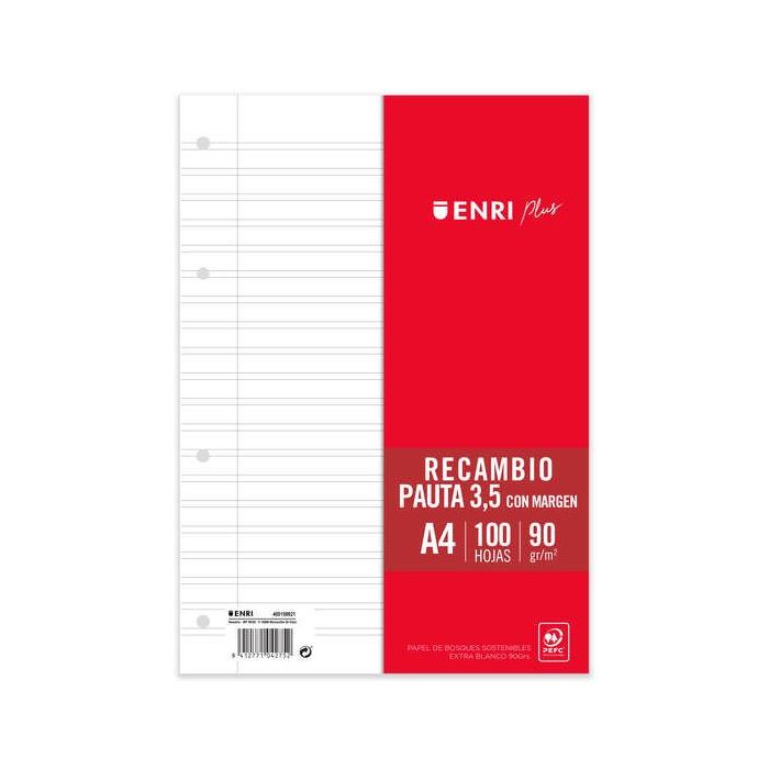 Enri Plus Recambio Formato A4 - Pautado 3.5mm 4 Taladros - 100 Hojas 90gr con Margen