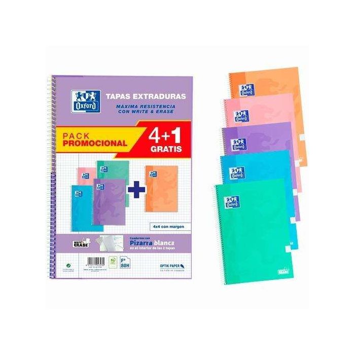 Oxford Classic Write - Erase Pack 4+1 5 Cuadernos Espiral Formato Folio Cuadriculado 4x4mm - 80 Hojas - Tapas Extraduras con Piz