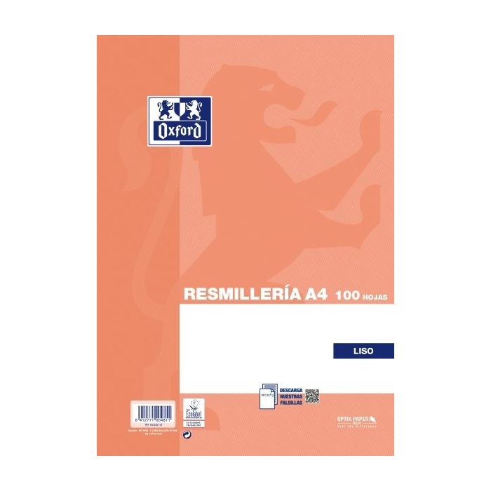 Oxford Resmilleria de 100 Hojas Lisas - Formato A4 - Tapa Blanda - sin Taladros - Color Naranja
