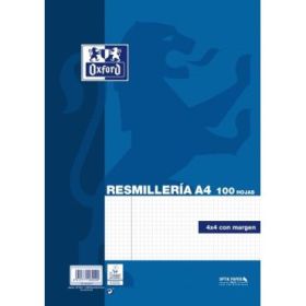 Oxford Resmilleria de 100 Hojas - Formato A4 - Cuadricula 4x4mm con Margen - Tapa Blanda - sin Taladros - Color Azul