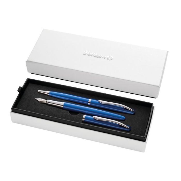 Pelikan Jazz Noble Set de Boligrafo y Estilografica - Cuerpo Satinado con Detalles Cromados - Incluye Estuche de Regalo - Color