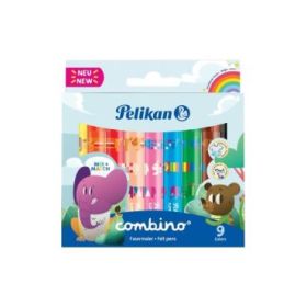 Pelikan Combino Jumbo Pack de 9 Rotuladores de Colores - Lavables - No Toxicos - 2 Anchos de Trazo - Punta de Fibra - Colores Su