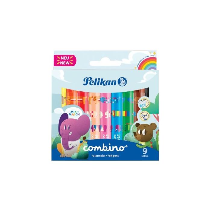 Pelikan Combino Jumbo Pack de 9 Rotuladores de Colores - Lavables - No Toxicos - 2 Anchos de Trazo - Punta de Fibra - Colores Su