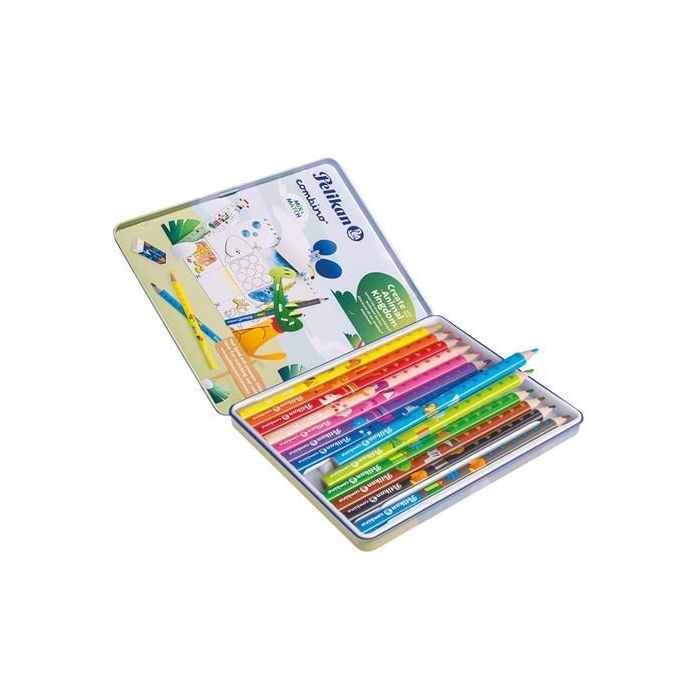 Pelikan Pack de 12 Lapices de Colores Jumbo - Caja de Metal - Triangulares - Cuerpo Decorado - Lavables - No Toxico - Colores Su