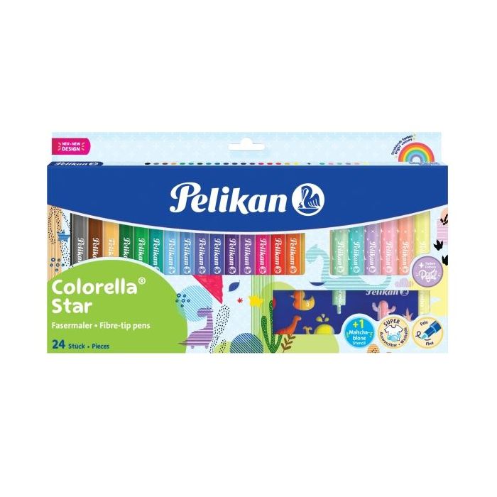 Pelikan Colorella Star Pack de 24 Rotuladores de Colores - Punta Fina - Lavables - No Toxicos - Colores Fluorescentes y Pastel S