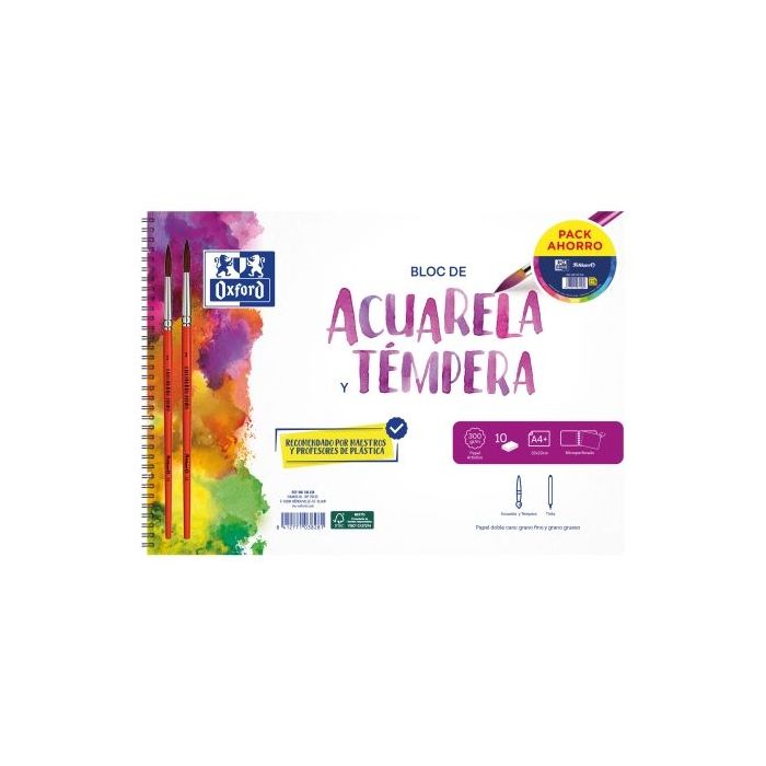 Oxford Bloc de Espiral para Acuarelas - Formato A4 - Pinceles Incluidos - 10 Hojas de 300g
