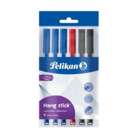 Pelikan Hang Stick Pack de 6 Boligrafos de Colores - Trazo de 1mm - Capuchon Antiasfixia - Cuerpo Triangular Ergonomico - Gancho