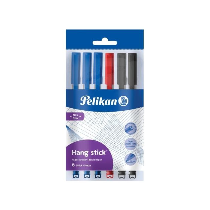 Pelikan Hang Stick Pack de 6 Boligrafos de Colores - Trazo de 1mm - Capuchon Antiasfixia - Cuerpo Triangular Ergonomico - Gancho