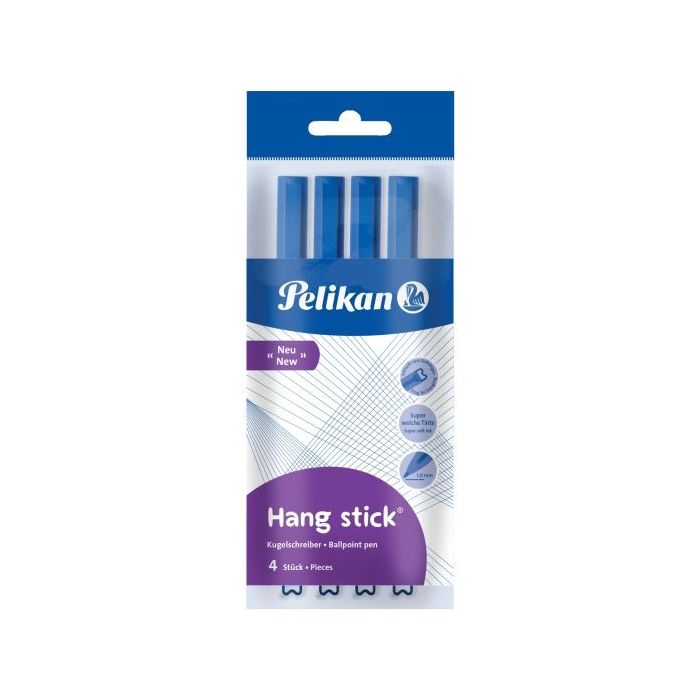 Pelikan Hang Stick Pack de 4 Boligrafos de Bola - Trazo de 1mm - Capuchon Antiasfixia - Cuerpo Triangular Ergonomico - Gancho -
