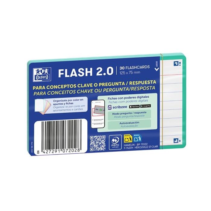 Oxford Pack de 30 FlashCards 2.0 - Formato A7 - Rayado Horizontal 1 Linea - Cartulina de 250g - Digitalizacion de Textos con App