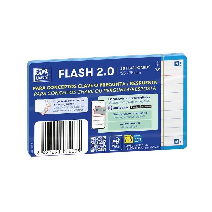 Oxford Pack de 30 FlashCards 2.0 - Formato A7 - Rayado Horizontal 1 Linea - Cartulina de 250g - Digitalizacion de Textos con App