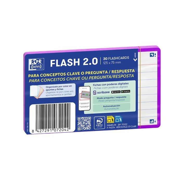 Oxford Pack de 30 FlashCards 2.0 - Formato A7 - Rayado Horizontal 1 Linea - Cartulina de 250g - Digitalizacion de Textos con App