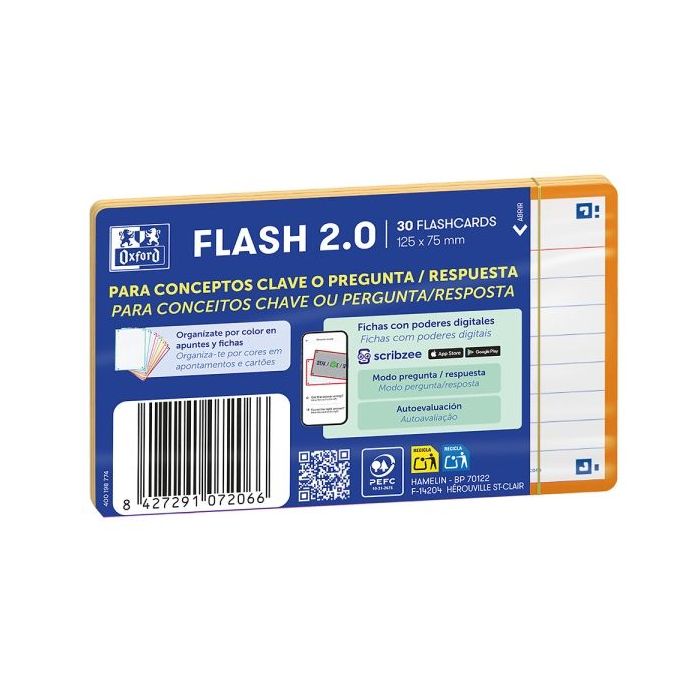 Oxford Pack de 30 FlashCards 2.0 - Formato A7 - Rayado Horizontal 1 Linea - Cartulina de 250g - Digitalizacion de Textos con App