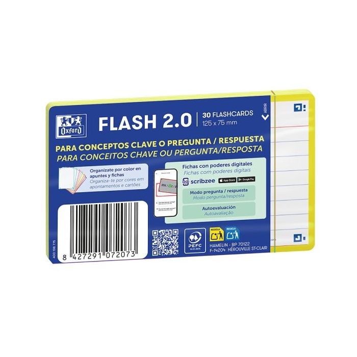 Oxford Pack de 30 FlashCards 2.0 - Formato A7 - Rayado Horizontal 1 Linea - Cartulina de 250g - Digitalizacion de Textos con App