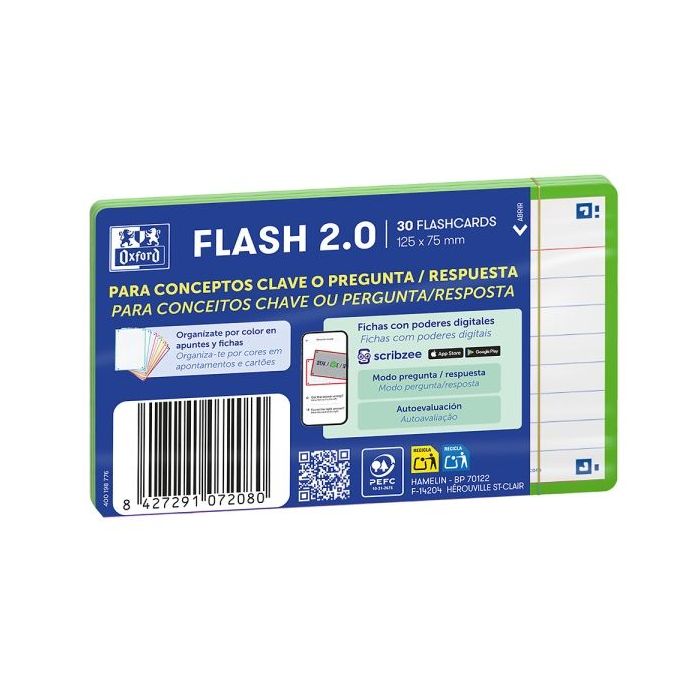 Oxford Pack de 30 FlashCards 2.0 - Formato A7 - Rayado Horizontal 1 Linea - Cartulina de 250g - Digitalizacion de Textos con App