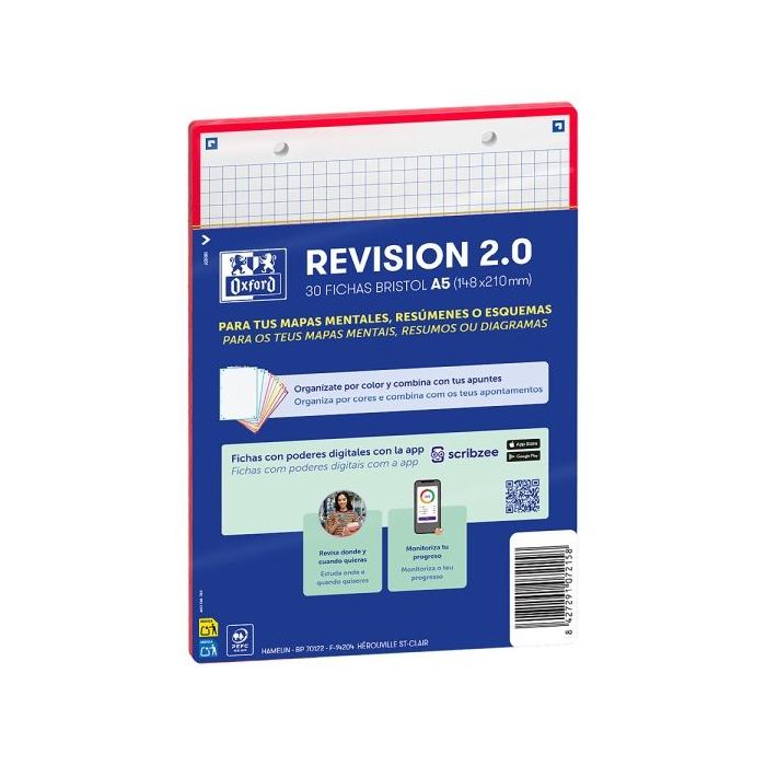 Oxford Pack de 30 FlashCards 2.0 - Formato A5 - Cuadricula 5x5mm - Cartulina de 250g - Digitalizacion de Textos con App - Color