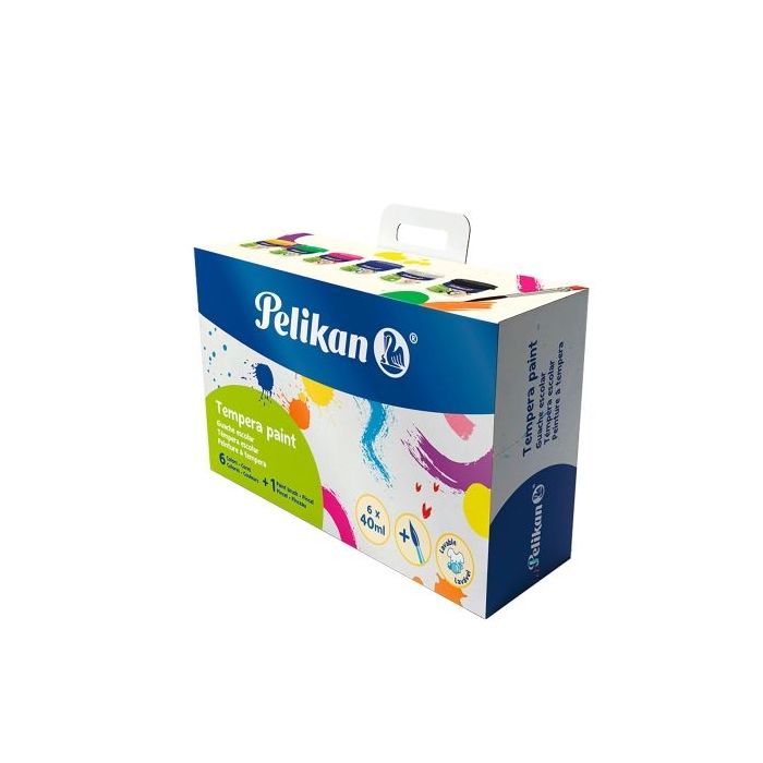 Pelikan Pack de 6 Temperas - 40ml - Pincel de Pelo Pony Nº4 - Consistencia Cremosa - Colores Surtidos