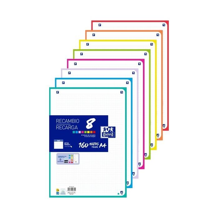 Oxford Recambio de 160 Hojas con 4 Taladros - Formato A4 - Cuadricula 5x5 Enmarcada - Anti Traspaso de Tinta - Digitalizacion de