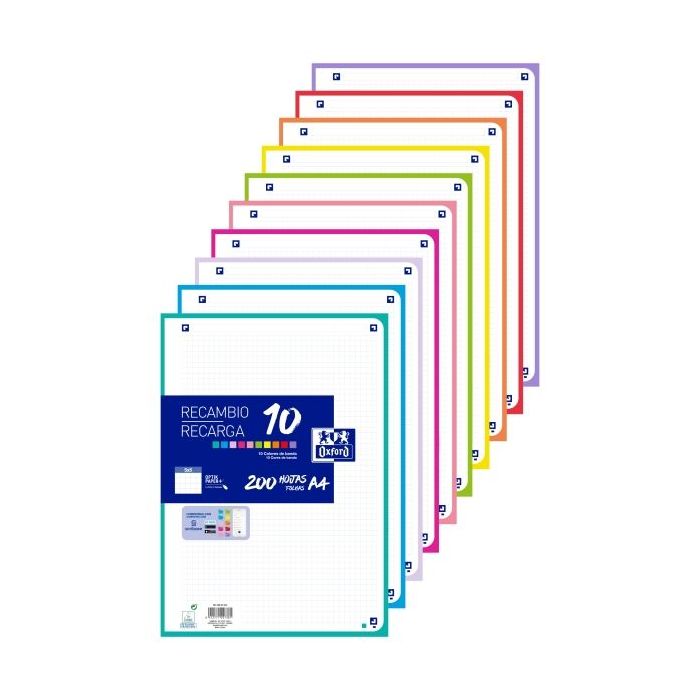 Oxford Recambio de 200 Hojas con 4 Taladros - Formato A4 - Cuadricula 5x5 Enmarcada - Anti Traspaso de Tinta - Digitalizacion de