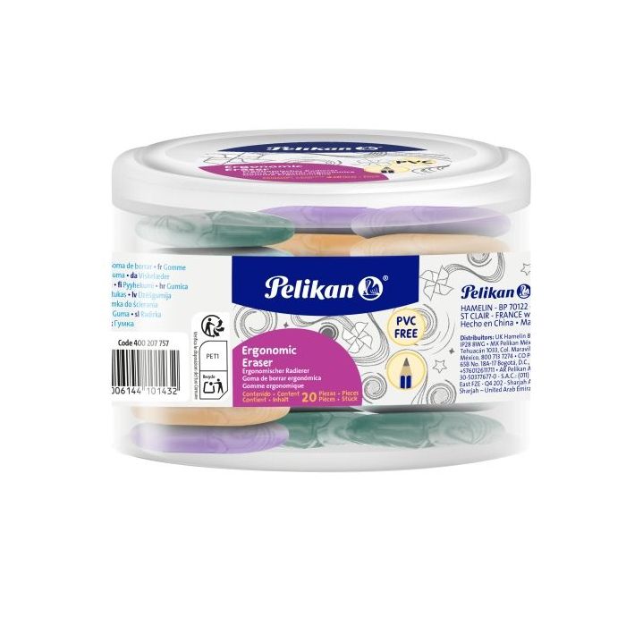 Pelikan Ergonomic Eraser Pack de 20 Gomas de Borrar - Vinilo - sin PVC - Efecto Marmol - Colores Surtidos