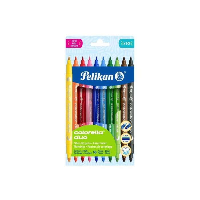 Pelikan Colorella Duo Pack de 10 Rotuladores de Colores - Punta Fina y Gruesa - Tinta al Agua - Tapa Ventilada - Colores Surtido