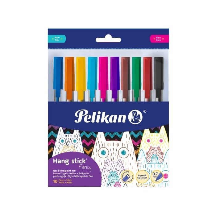 Pelikan Hang Stick Pack de 10 Boligrafos de Bola - Trazo de 0.7mm - Capuchon Antiasfixia - Cuerpo Triangular Ergonomico - Gancho
