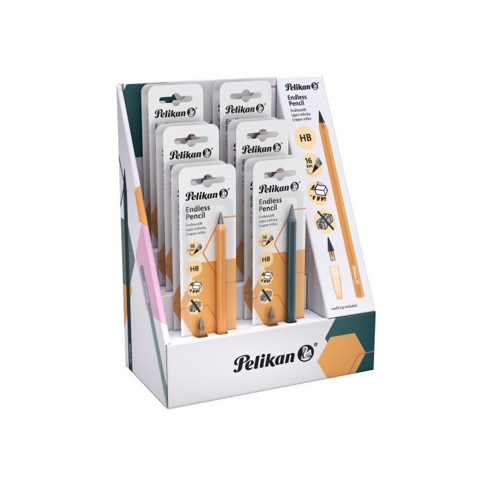 Pelikan Expositor con 12 Lapices Infinitos - Cuerpo de Aluminio - Permite Escribir hasta 16km sin Afilar - Capuchon a Juego - Bo