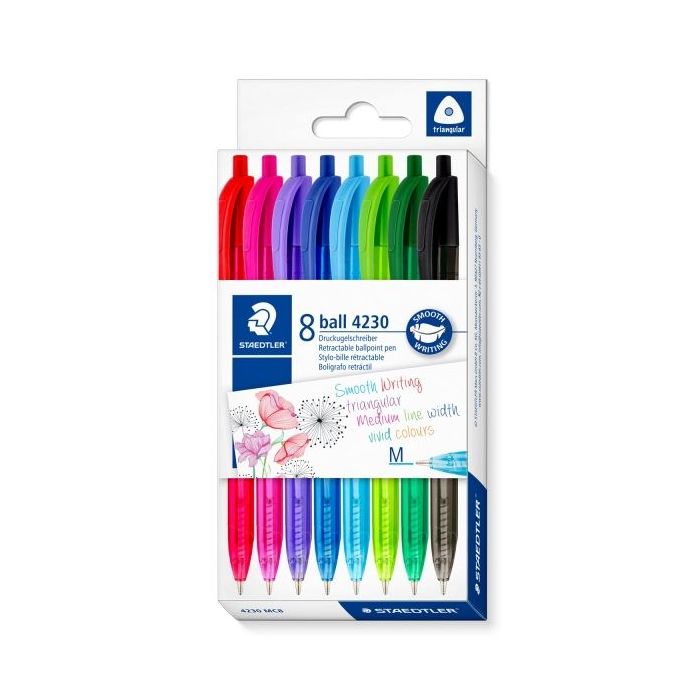 Staedtler 4230 M Pack con 8 Boligrafos Retractiles - Punta 1mm - Ancho de Linea Medio - Diseño Triangular - Colores Surtidos