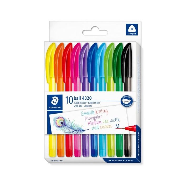 Staedtler Ball 4320 M Pack con 10 Boligrafos Punta de Bola 1mm - Escritura Suave - Cuerpo Triangular - Colores Surtidos