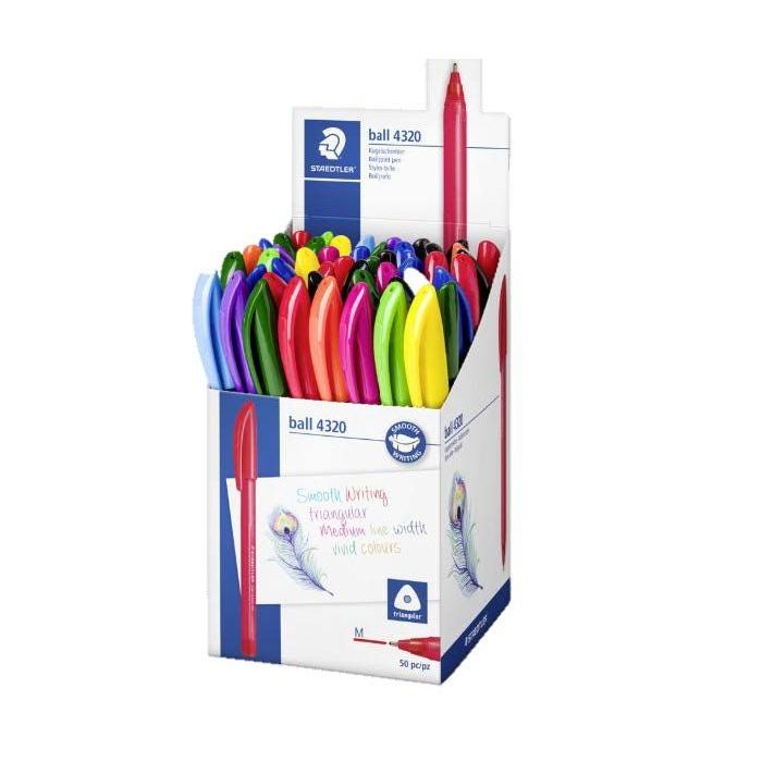 Staedtler Ball 4320 M Expositor con 50 Boligrafos Punta de Bola 1mm - Escritura Suave - Cuerpo Triangular - Colores Surtidos