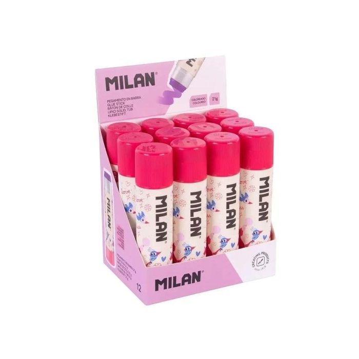 Milan Flowicorn Expositor con 12 Barras de Pegamento 21g - Multiusos - Multisuperficies - Sin Disolventes - Uso Escolar - Color