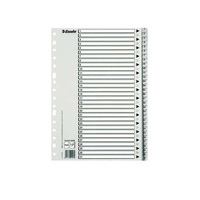 Esselte Bolsa de 25 Indices Numericos de Plastico - Pestañas 1 al 31 - Multitaladro - Formato Folio - Color Gris