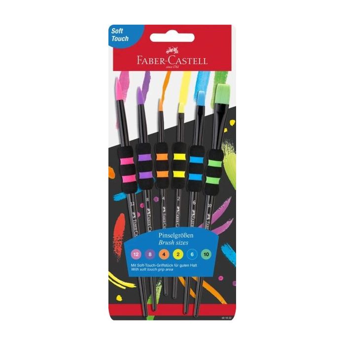 Faber-Castell Pack de 6 Pinceles Sinteticos de Diferentes Tamaños y Colores - Agarre Soft Touch - Color del Cuerpo Negro