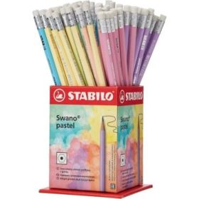 Stabilo Swano Pastel Expositor con 72 Lapices de Grafito HB de 2.2mm con Goma - Mina Antirrotura - Forma Hexagonal - Colores Pas