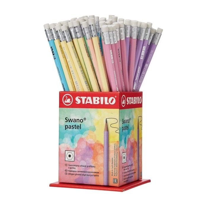 Stabilo Swano Pastel Expositor con 72 Lapices de Grafito HB de 2.2mm con Goma - Mina Antirrotura - Forma Hexagonal - Colores Pas