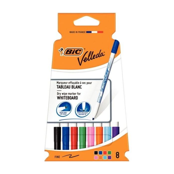 Bic Velleda 1721 Pack con 8 Rotuladores para Pizarra - Punta Fina - Trazo de 1.5mm - Borrado Optimo - Colores Surtidos