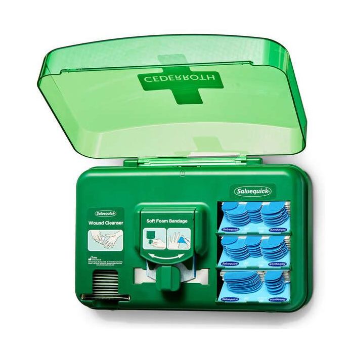 Cederroth Dispensador para el Cuidado de Heridas - Incluye diferentes Tamaños de Apositos Color Azul, Toallitas para Heridas y V