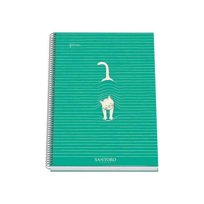 Dohe Santoro Felines Cuaderno Espiral Tapa Dura - Tamaño A4 de 100 Hojas 90gr - Hojas Microperforadas con 4 Taladros - Cuadricul