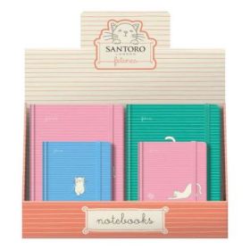 Dohe Santoro Felines Expositor de 12 Cuadernos Cartone - Tamaños A5 y A6 - 96 Hojas Lisas en Papel Ahuesado de 80 g/m2 - Cierre