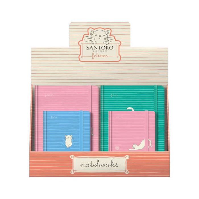 Dohe Santoro Felines Expositor de 12 Cuadernos Cartone - Tamaños A5 y A6 - 96 Hojas Lisas en Papel Ahuesado de 80 g/m2 - Cierre