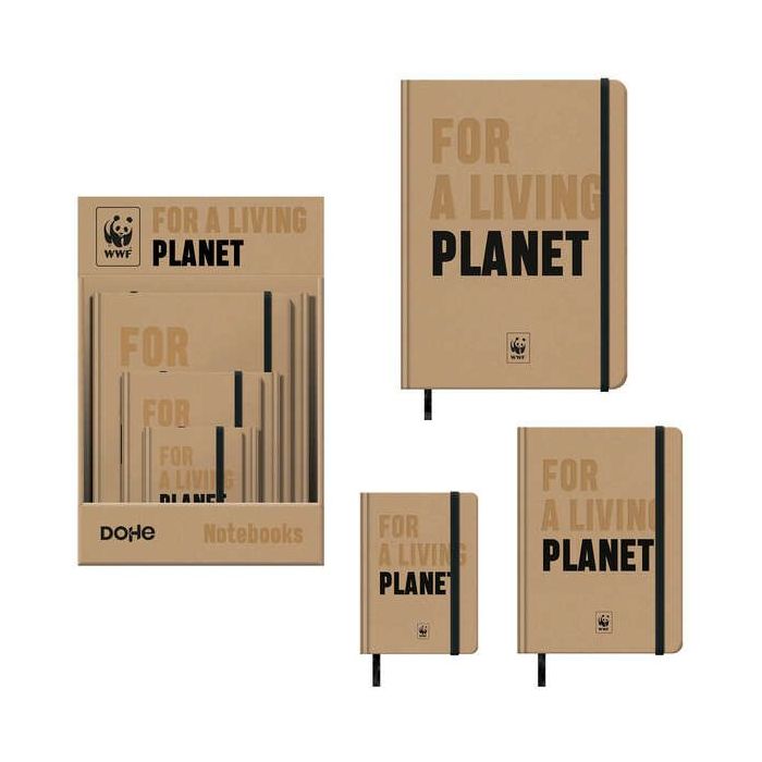 Dohe WWF Classic Expositor de 12 Cuadernos Cartone - Tamaños A4, A5 y A6 - 96 Hojas Lisas en Papel Ahuesado de 80 g/m2 - Cierre