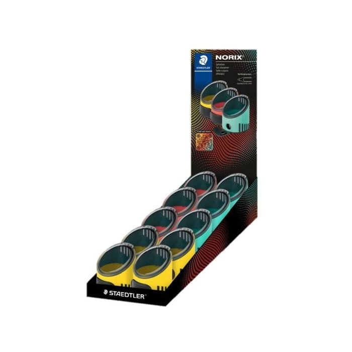 Staedtler Norix Expositor de 10 Sacapuntas con Deposito - 1 Agujero para Lapices de hasta Ø 8,2mm - Colores Surtidos