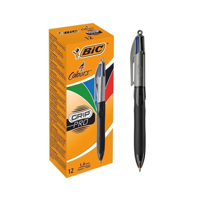 Bic 4 Colours Grip Pro Boligrafo de Bola Retractil - Punta de 1mm - Trazo de 0.4mm - Tinta con Base de Aceite - Cuerpo Negro con