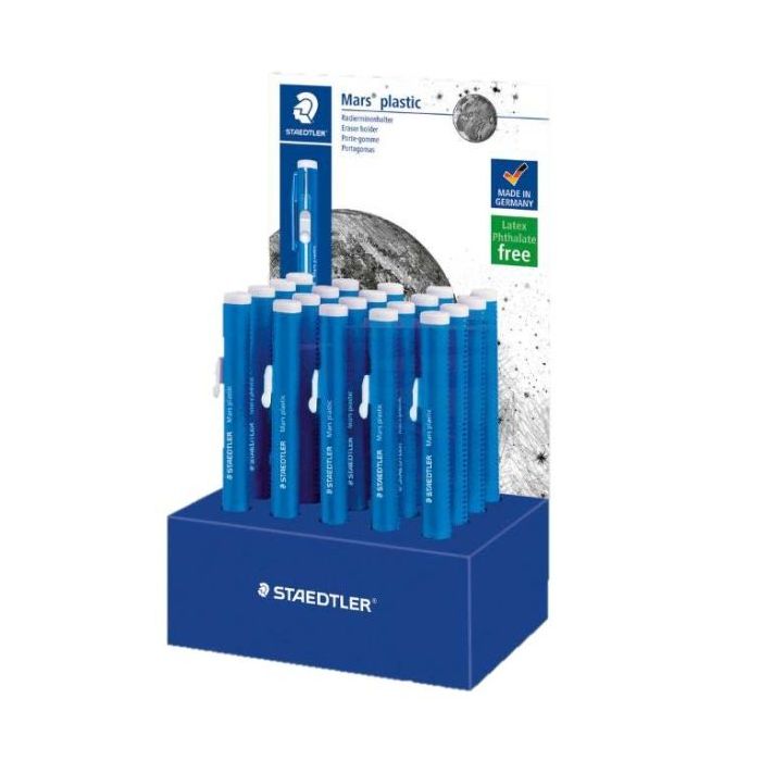 Staedtler Mars Plastic 528 50 Expositor con 20 Portagomas en Forma de Lapiz - Con Cursor para Deslizar la Goma - Sin Ftalatos ni