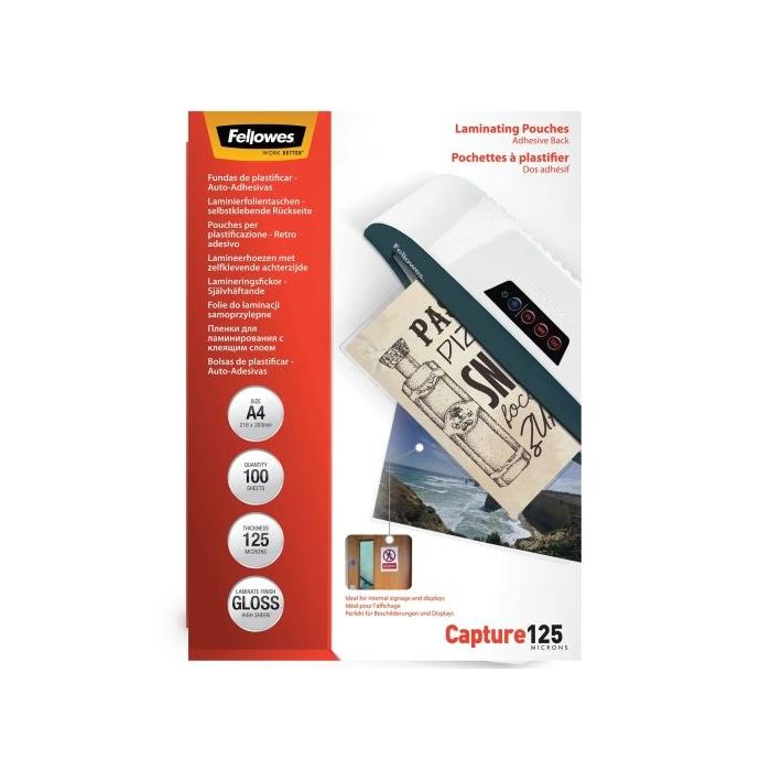 Fellowes Pack de 100 Fundas para Plastificar - Formato A4 - Reverso Adhesivo - Efecto Brillo - 125 micras - Transparente