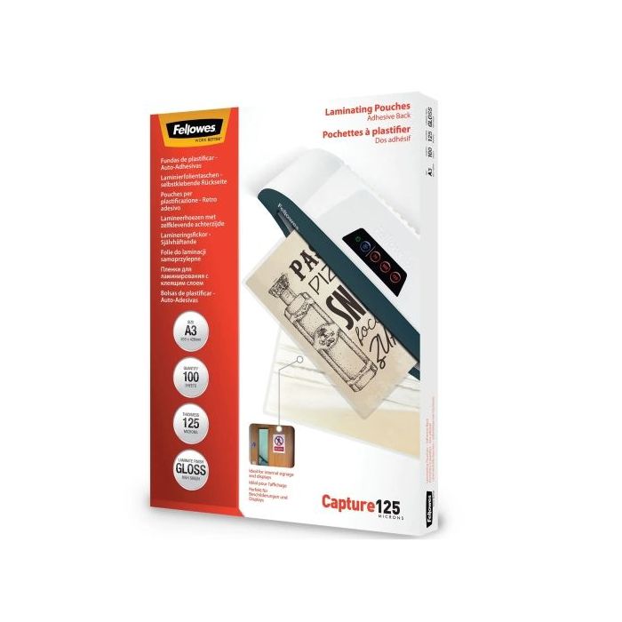 Fellowes Pack de 100 Fundas para Plastificar - Formato A3 - Reverso Adhesivo - Efecto Brillo - 125 micras - Transparente