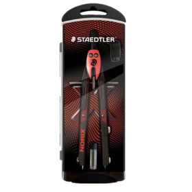 Staedtler Norix 555 Compas Metalico Escolar de Precision - Mecanismo Pulsador y Ajuste por Rueda Central - Color Rojo/Negro